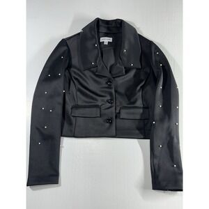 Shelby & Palmer Black Satin Cropped Dress Jacket With Pearl Beads Size Medium
